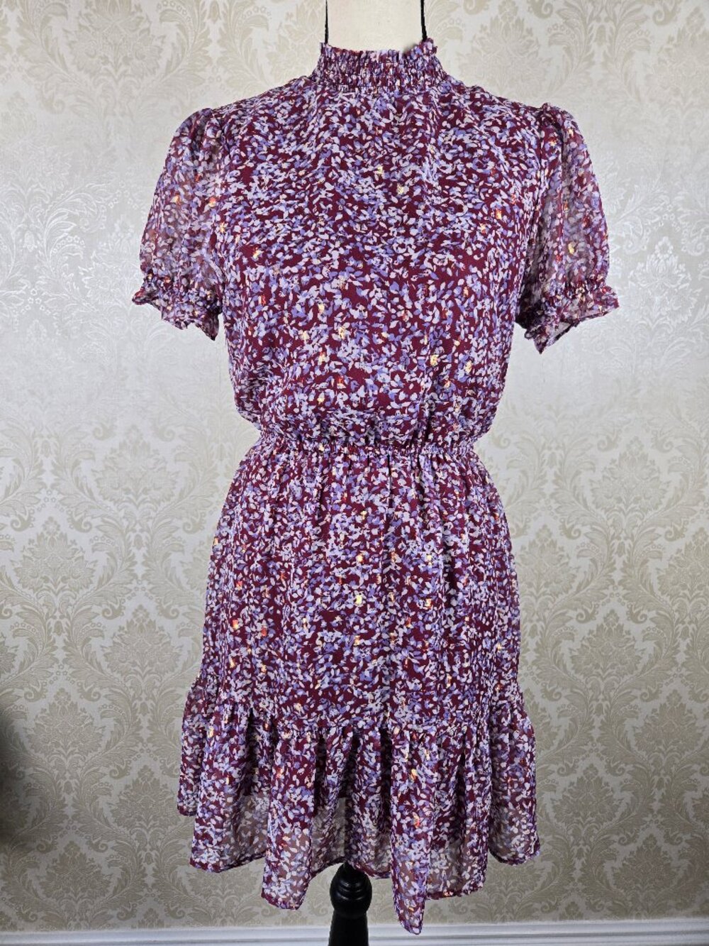 Crystal Doll Size Small Mini Dress Dark Red White Blue Puff Sleeve Elastic Waist